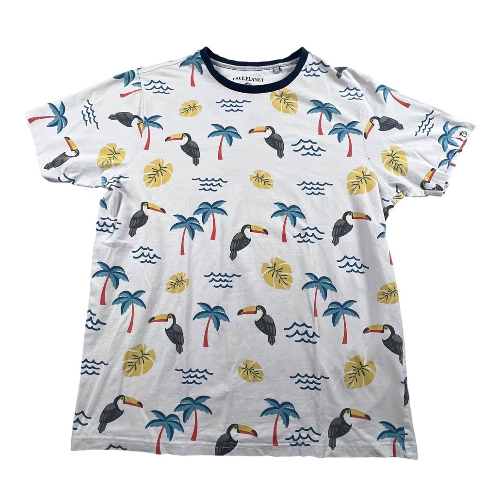 Free Planet T-Shirt Mens Large White Tropical Toucan Palm Tree Pura Vida